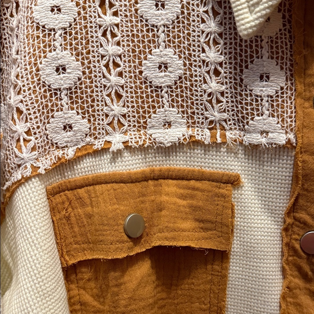 BiBi Mustard Yellow and Cream Button-Down Lace Panel Shirt - Picture 3 of 7
